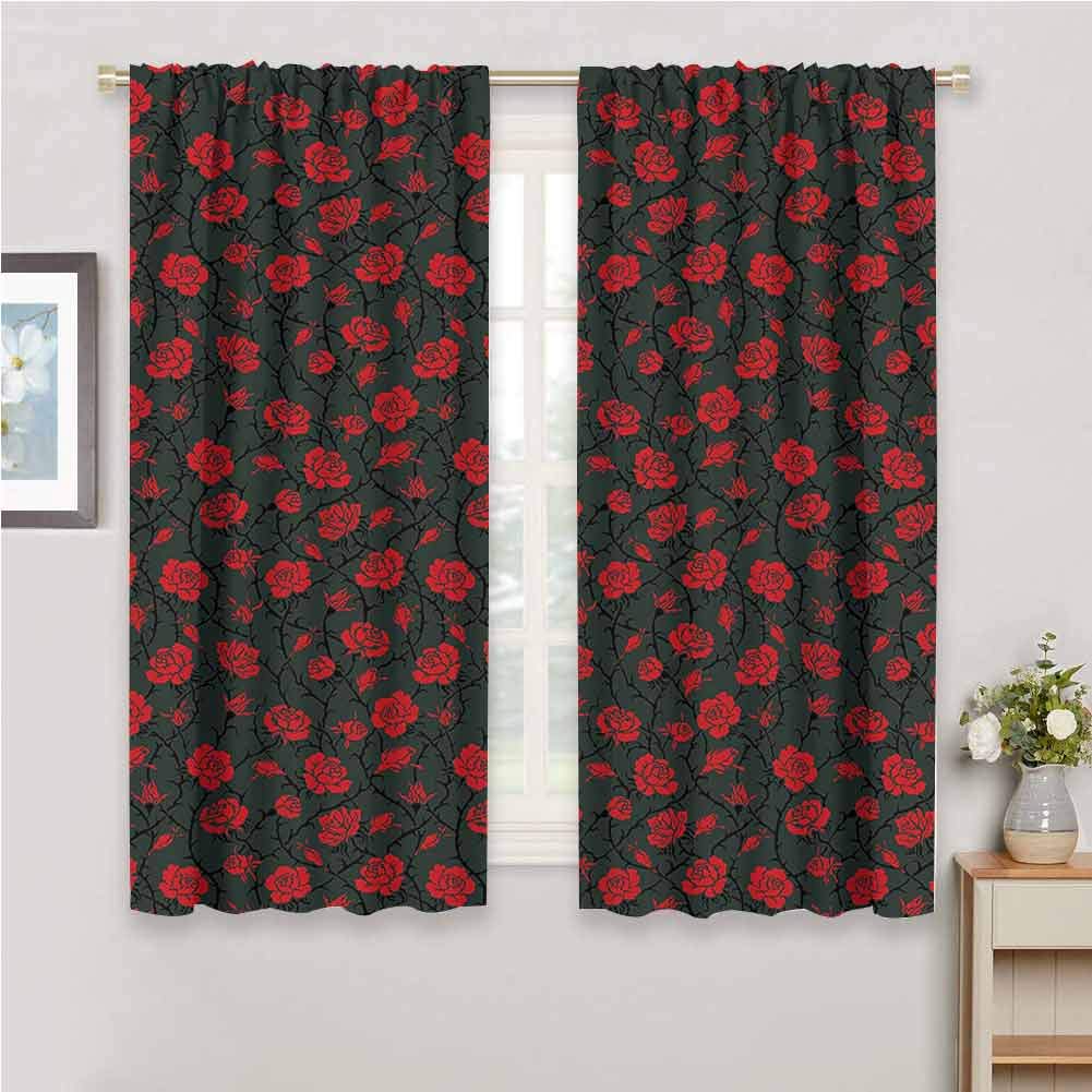 Red and Black Room Darkened Curtain Rose Swirls Ivy Plants Dark Mysterious Forest Themed Pattern Insulated Room Bedroom Darkened Curtains W72 x L72 Inch Dark Army Green