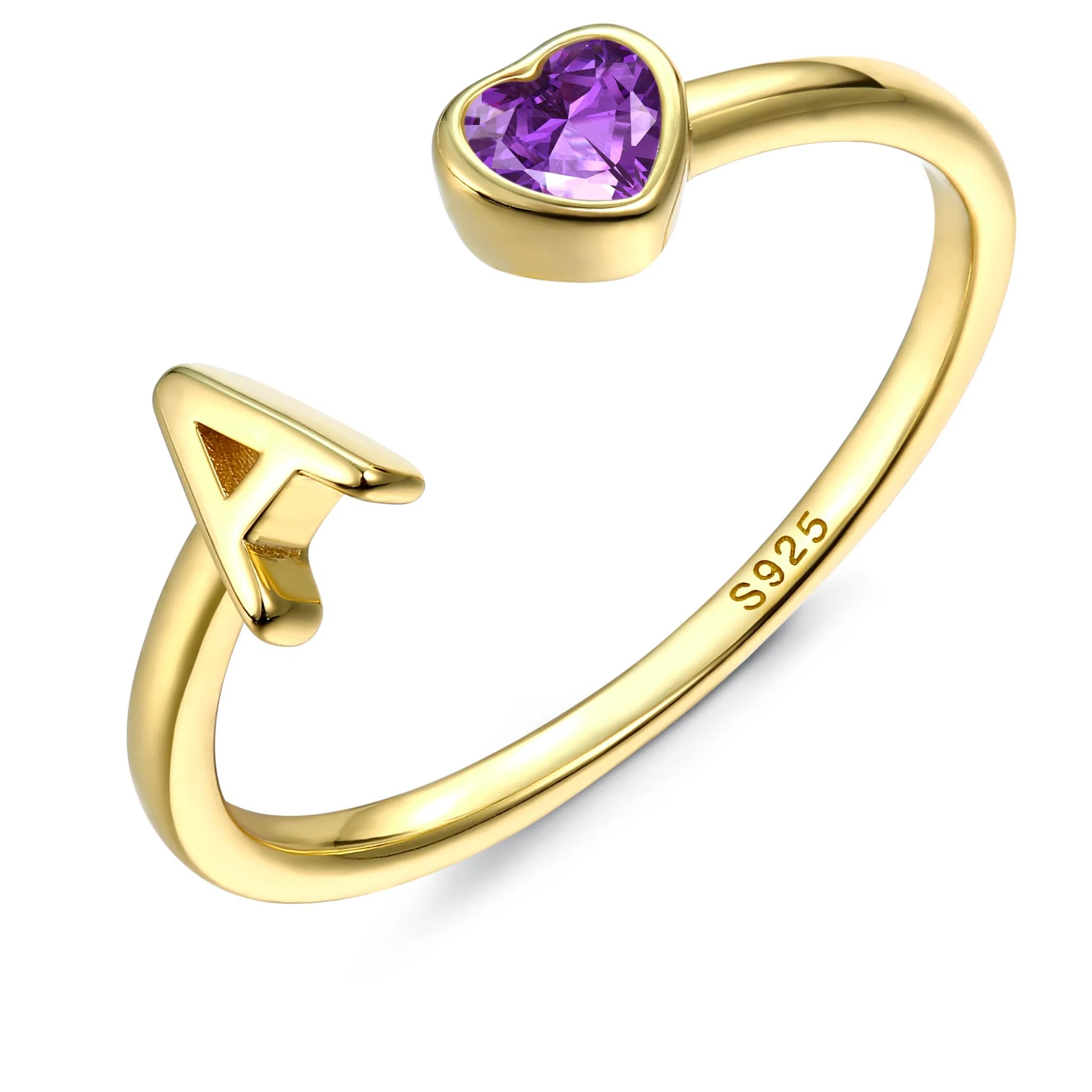 𝐒𝟗𝟐𝟓 Sterling Silver Initial Birthstone Rings for Women - 14K Gold Plated Initial Ring Adjustable Stackable Rings Dainty Heart Cubic Zirconia