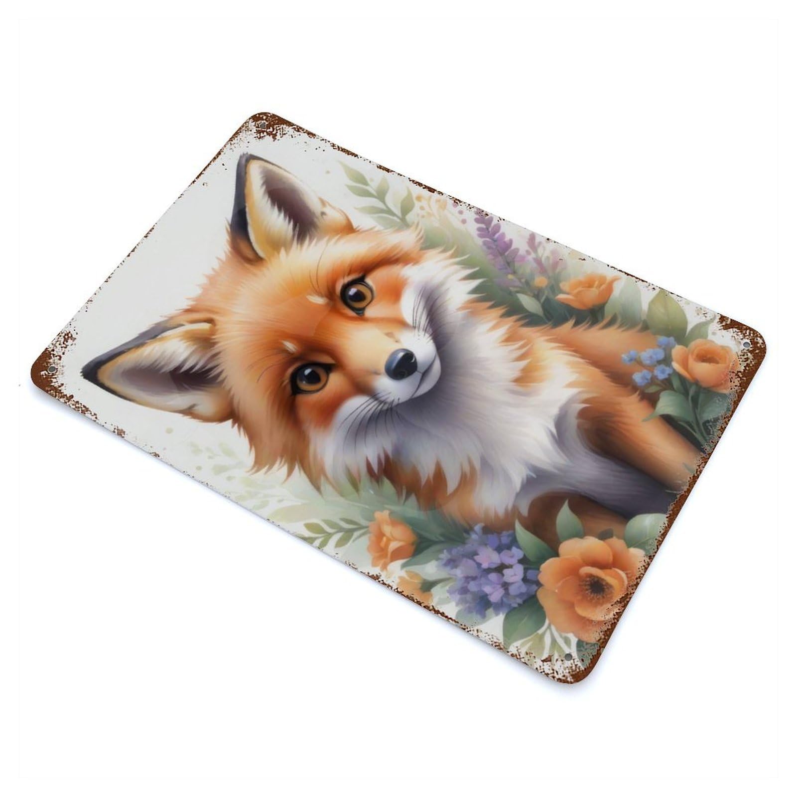 Watercolor Floral Fox Rust Effect Tin Sign 11.8"x7.9", Farmhouse Wall Decor for Living Room, Hallway And Home Decor