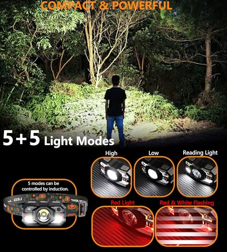 Linterna frontal recargable de 1200 lúmenes con luz blanca y roja impermeable para camping 2