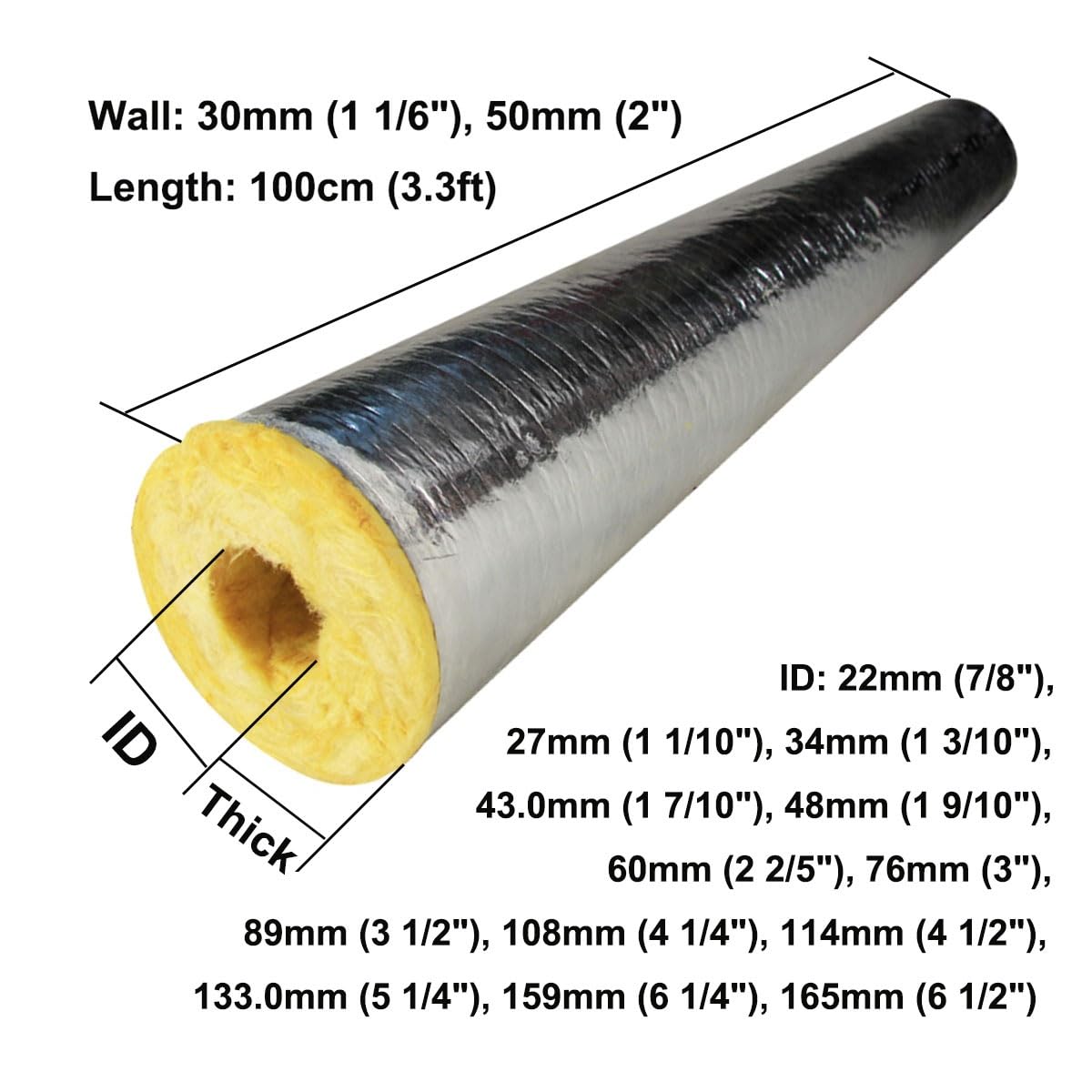 Aislamiento de Tuberías 165 159 114 108 76 27 34 89 76 60 mm, Interior Y Exterior Coquilla Aislante, Papel de Aluminio Coquilla Aislante para Tubos de Agua y Calefacción(159mm ID x 50mm)