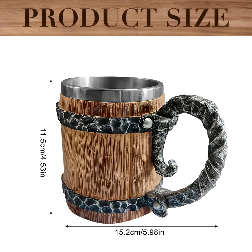 Holzkrug Mittelalter, Bierkrug Holz mit Edelstahl, 600ml Fass Retro Krug Holzfass, Beer Mug für Kaffee/Getränke/Saft, Geschenk für Männer, Vatertagsgeschenk
