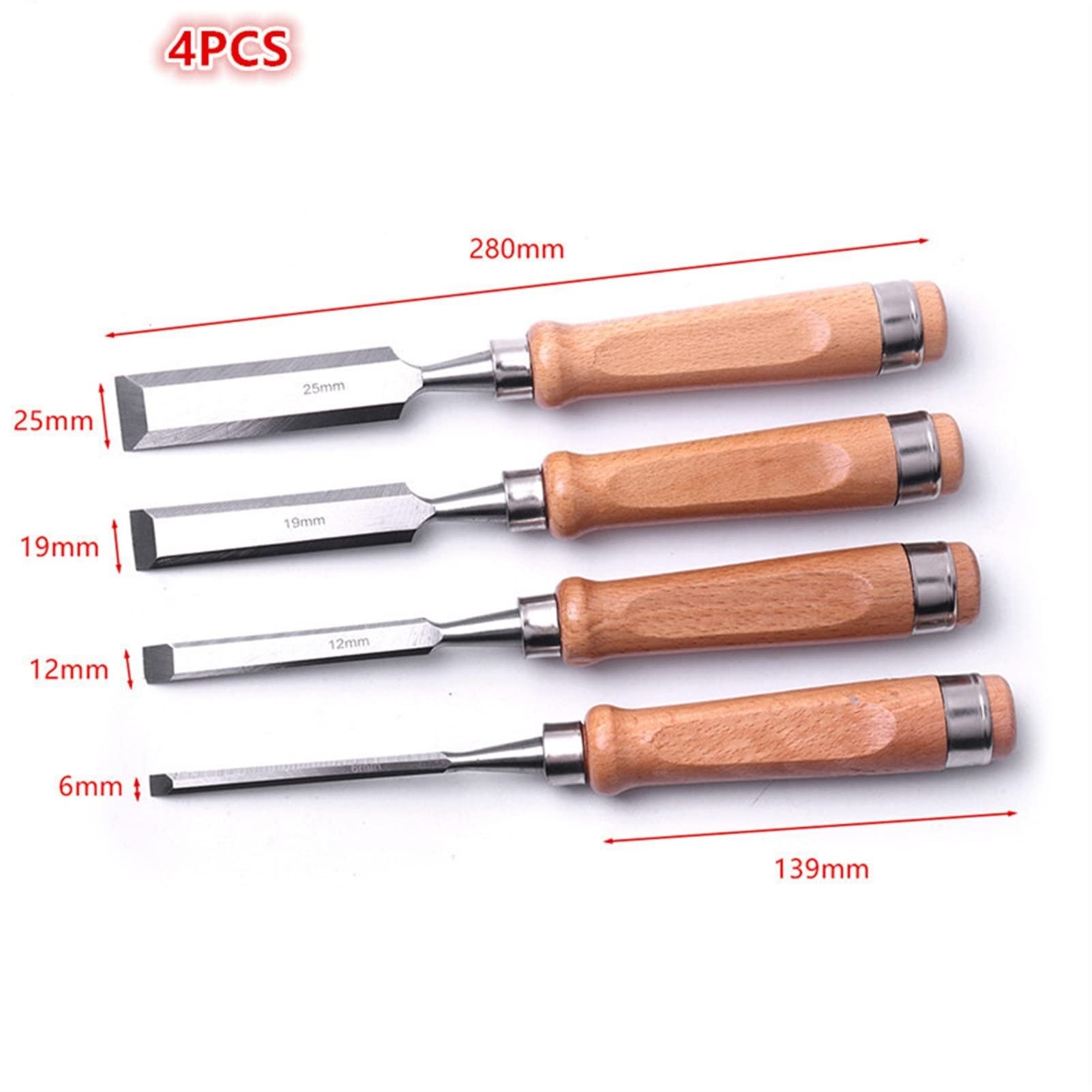 Set di 4 scalpelli per Intaglio del Legno, scalpello da 6/12/19/25 mm, Testa Piatta, Acciaio al Cromo vanadio, scalpelli per Lavorazione del Legno, coltelli per inta