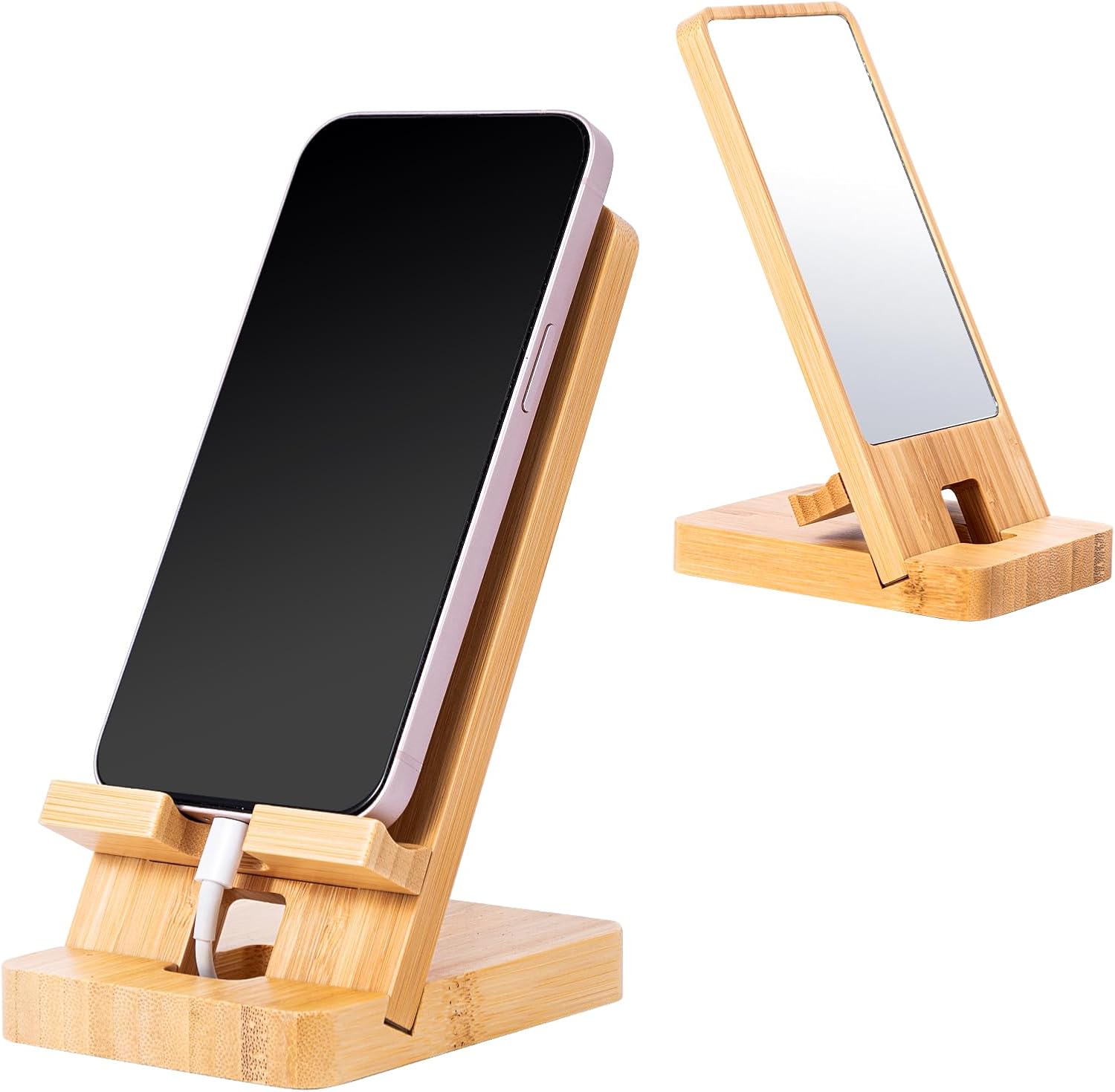 Wooden Countertop Cell Phone Holder with Mirror, Walnut | Simple Design