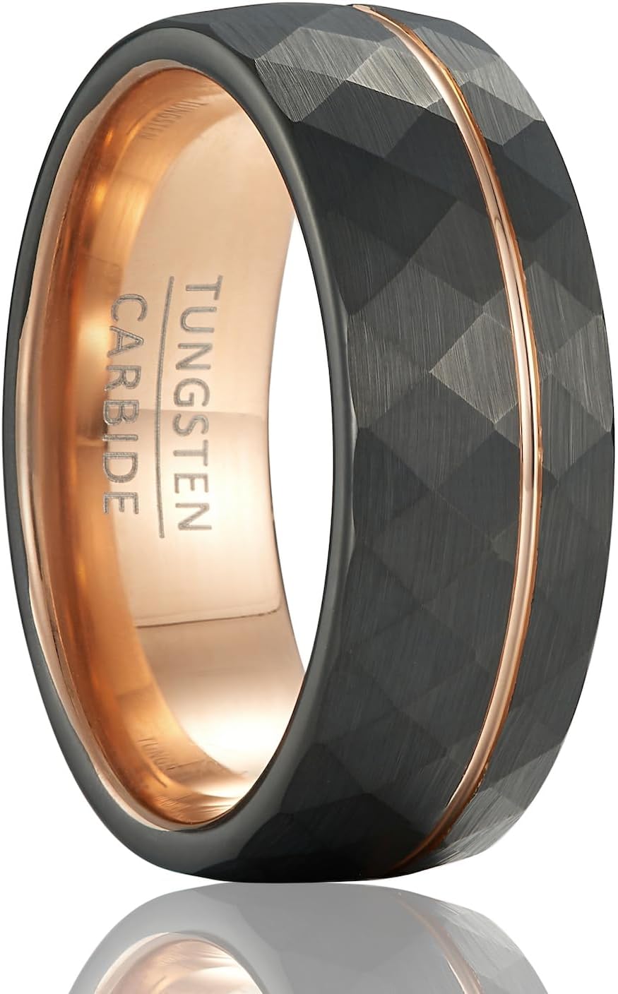 Men's Geometric Faceted Split Band – 8mm Wide Black Tungsten Wedding Ring with Rose Gold Accent (US Sizing)