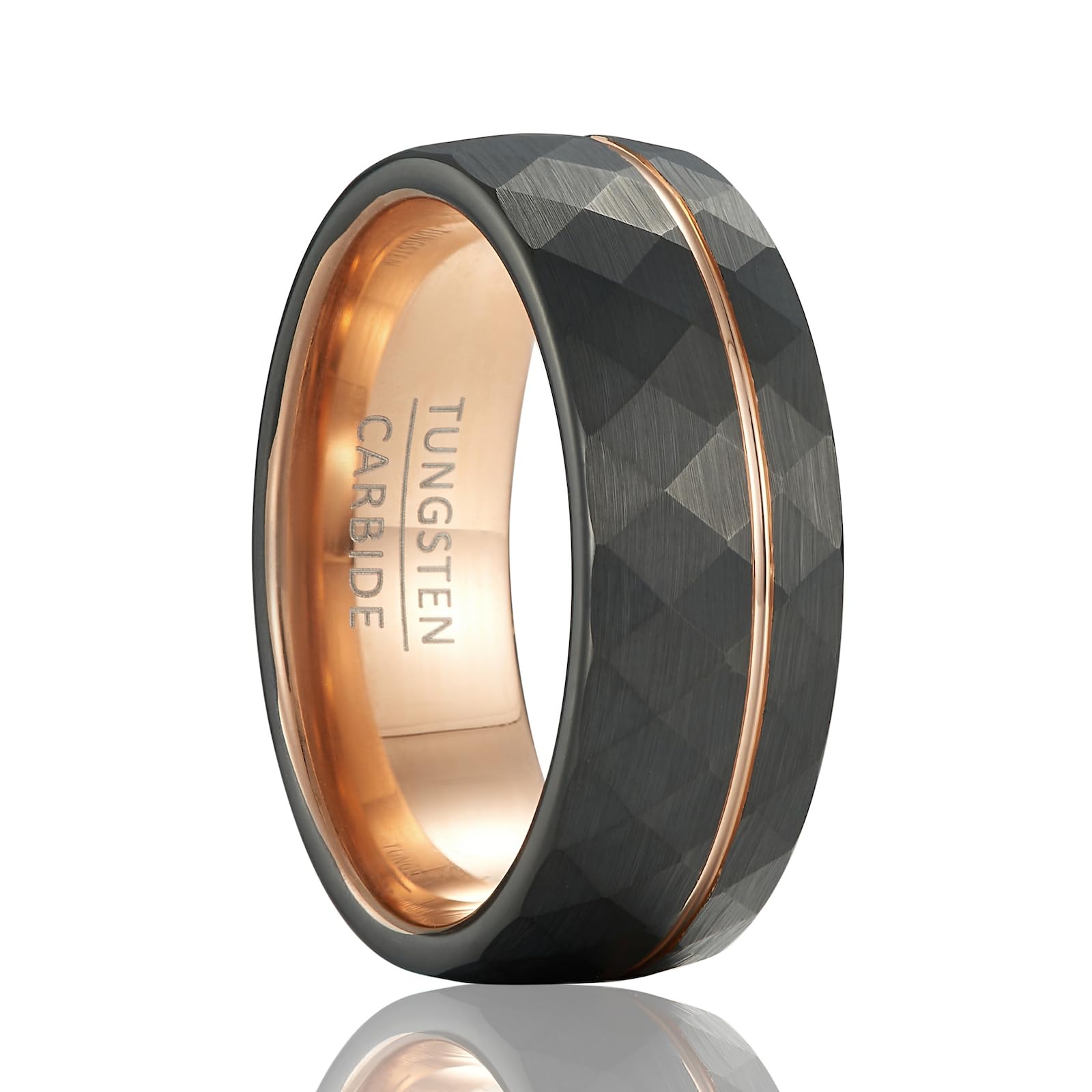 Fascia Uomo Geometrica Sfaccettata – Anello Nuziale in Tungsteno Nero Larghezza 8mm con Accento Oro Rosa (Misura USA)