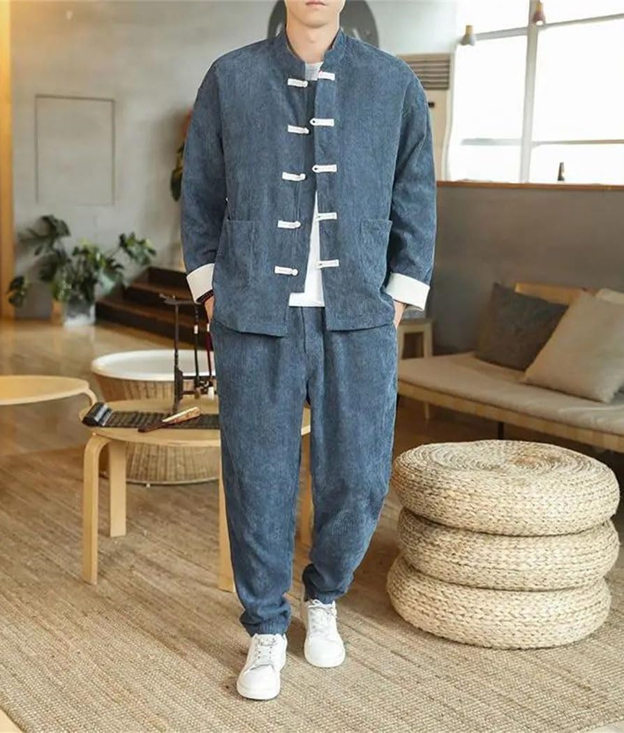 Men's Chinese Style Tracksuit Spring Two Piece Set Casual Tang Suit Long Sleeve Coat Wide Leg Pants