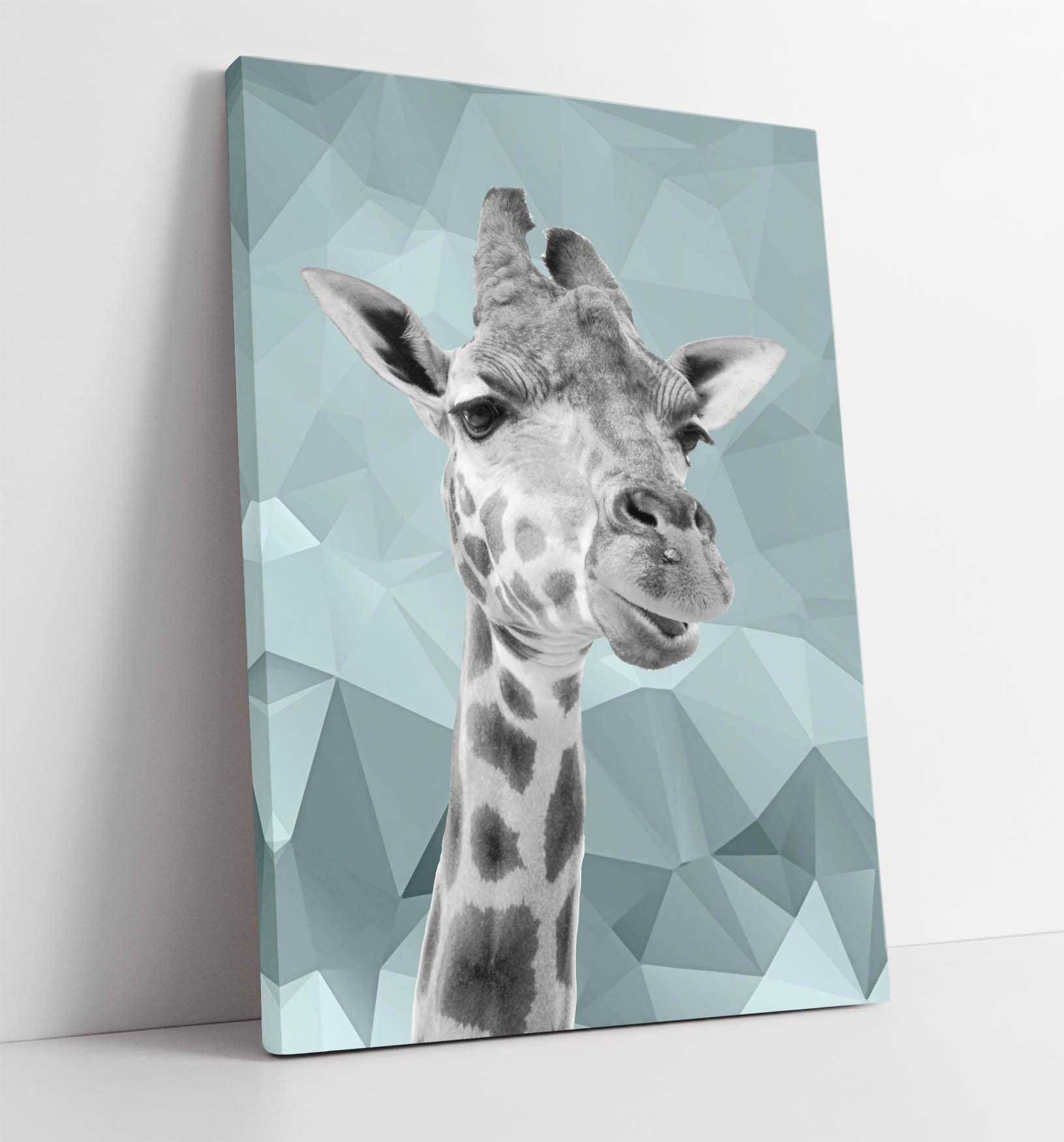 Canvasartshop Duck Egg Blue Giraffe Grey Geometric Background Canvas Wall Art Print Artwork (30In X 20In / 76Cm X 50Cm)