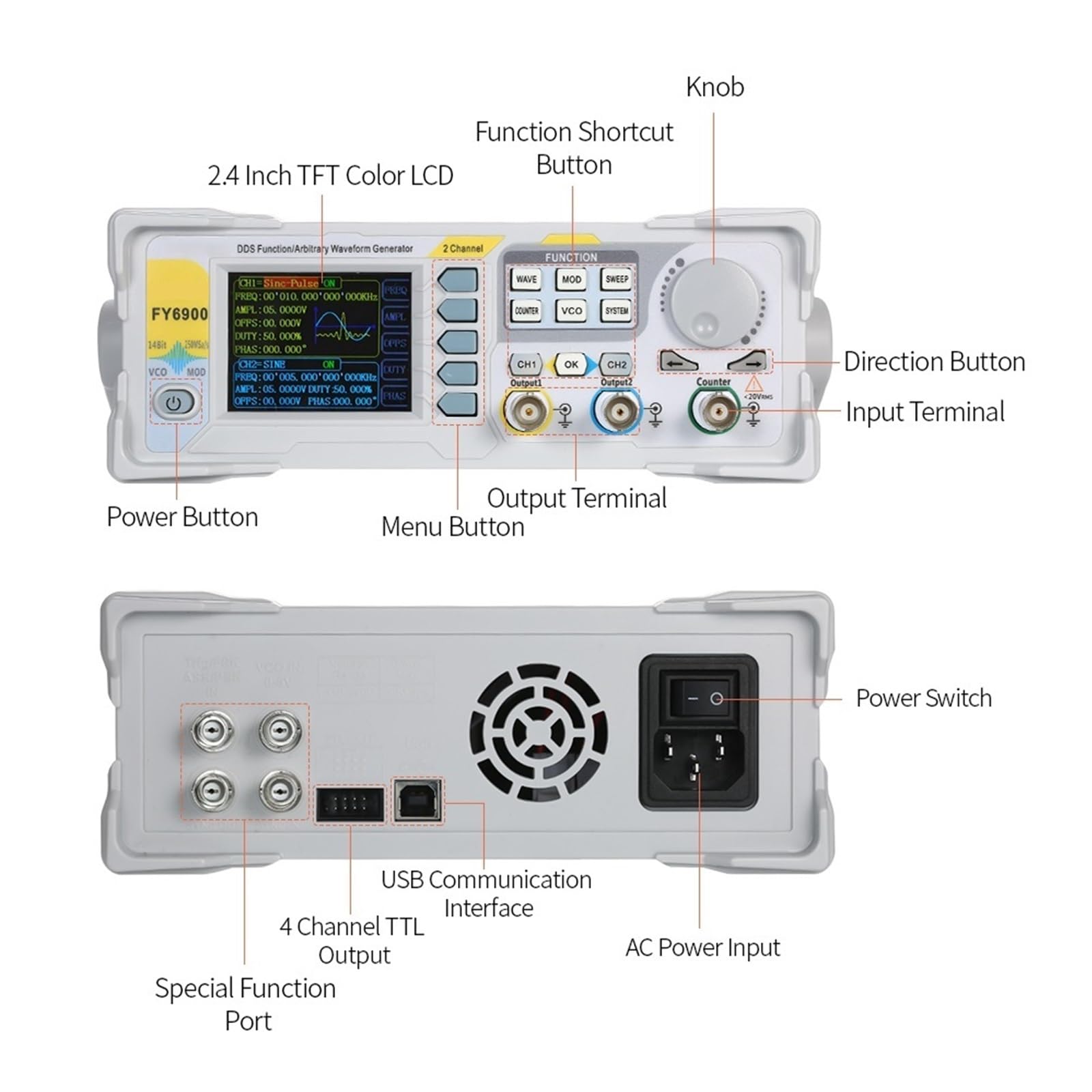 20/60/100 MHz Digital DDS Funzione Generatore Di Segnale A Doppio Canale FY6900 Misuratore Di Frequenza Generatore Di Segnale/forma D'onda Arbitraria(60MHz)