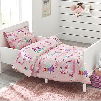 Bloomsbury Mill - Children's Bed Linen 120 x 150 cm Unicorn, Princess and Rainbows for Children - Baby Bed Linen Girls - Pink & Purple Reversible Bedding and Pillowcase Set for Toddlers & Baby Cots