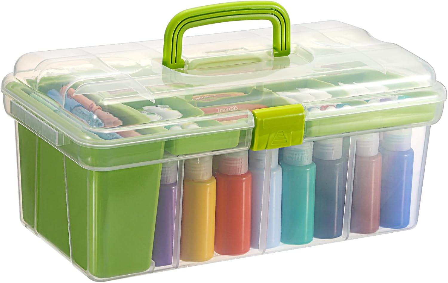 JUXYES Plastic Clear Craft Paint Bottle Storage Box with Divided Tray and Cleaning Cup, Portable Acrylic Paint Storage Organizer Case with Lid, Storage 36 Bottles of 2 fl. oz Acrylic Paints, Green