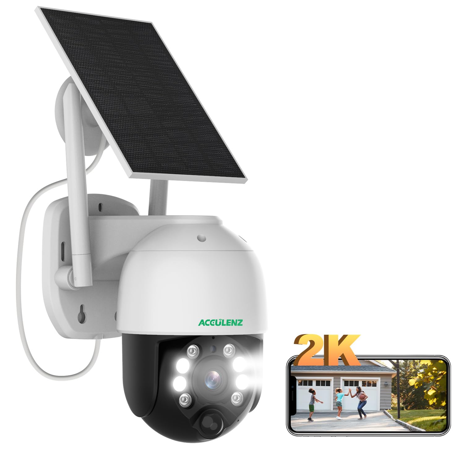 ACCULENZ 4MP Telecamera WiFi Esterno Senza Fili con Pannello Solare, 360° Videocamera Sorveglianza Wireless con Batteria, Visione Notturna a Colori, Sirena, Rilevazione di Movimento PIR, 2,4 GHz, BD4