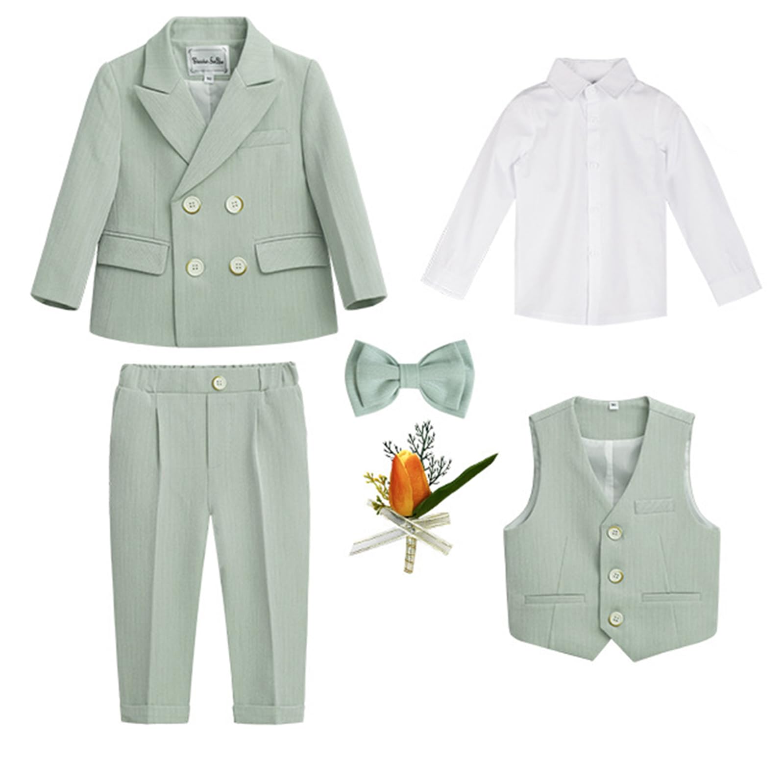 6 Pièces Ensemble de Costumes de Garçons,Gentilhomme Tenues de Smoking pour Enfant Garçon Blazer+Pantalon+Gilet+Chemise+Noeud Papillon+Broche,Costume Formel pour Mariage Fête Cérémonie