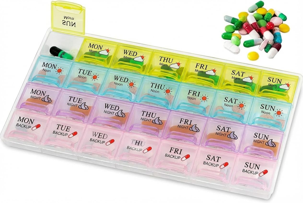 FunBlast Pill Box for Medicine - Weekly Pill Organizer 4-Times-A-Day, Portable 7 Day Pill Box Case with Separate Compartments to Hold Medication, Vitamins Capsules, Medicine Organizer Box-image-21