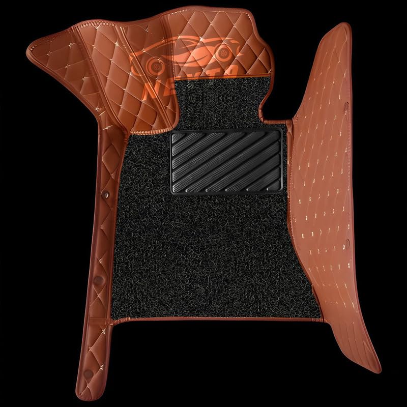 Image of NEXTA Premium Faux Leather 7D Car Floor Mats for Skoda Kylaq (All Variants)|| Luxury Leather with Grass Mat Complete Set || 100% Waterproof and Washable (Color Tan & Black)