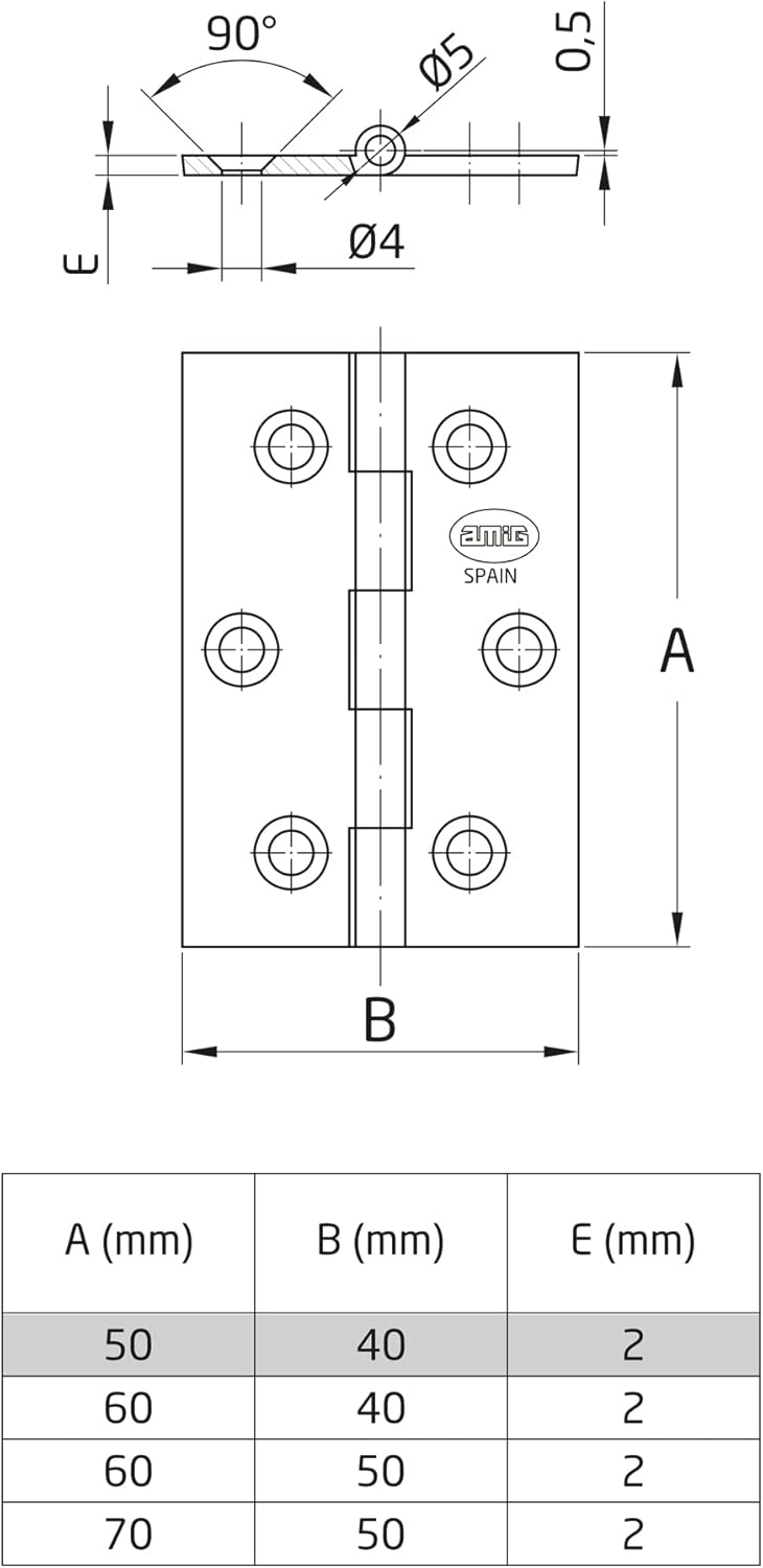 Amig | Pack of 2 Brass Fixed Hinges Without Finial | 50 x 40 mm | Model 1002 | Polished Finish Varnish | Square Edge | Laminated Profile | Easy Installation and Use | DIY