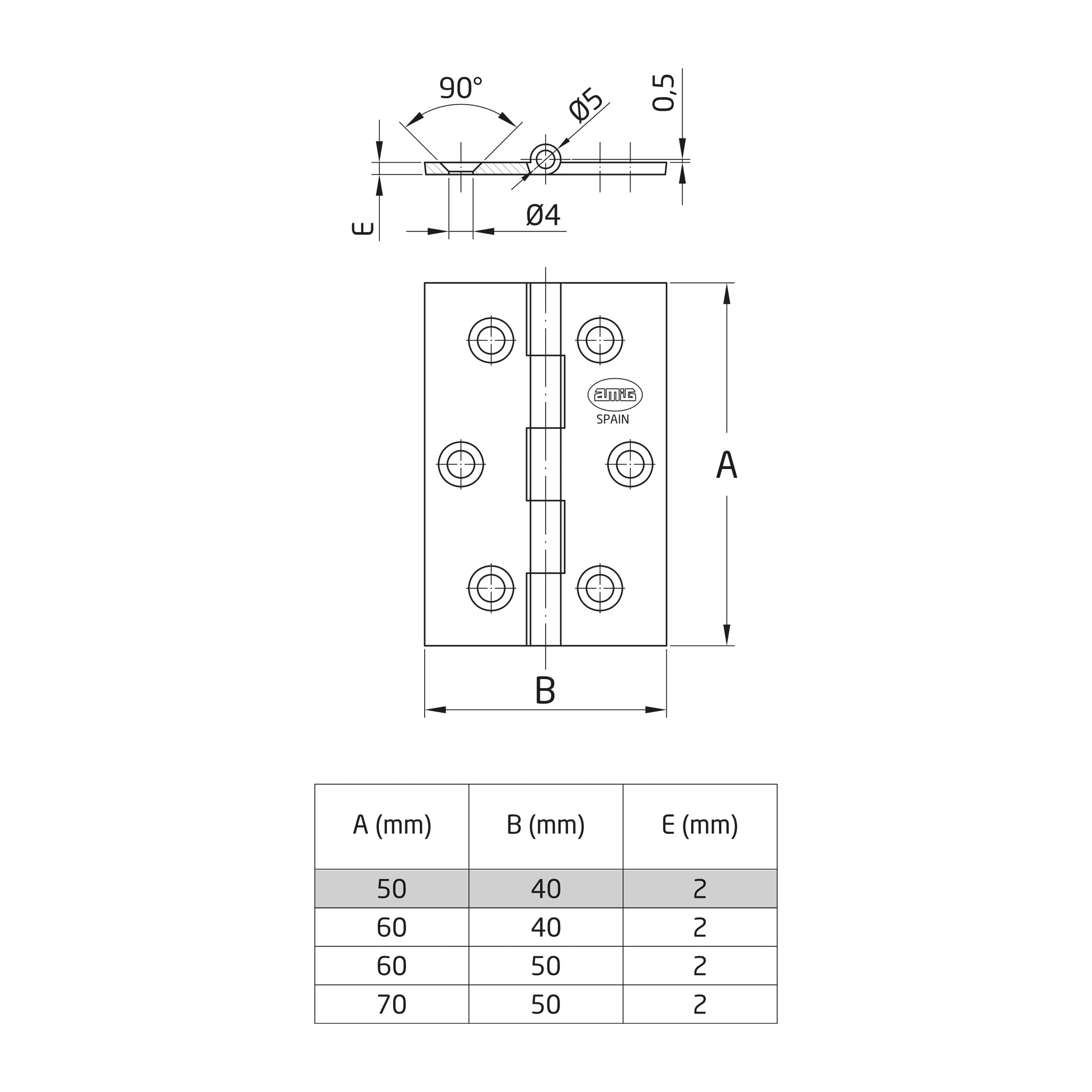 Amig | Packung mit 2 festen Messingscharnieren, matt, 50 x 40 mm, Modell 1002, polierte Oberfläche, quadratisch, laminiertes Profil, einfache Installation und Verwendung, DIY