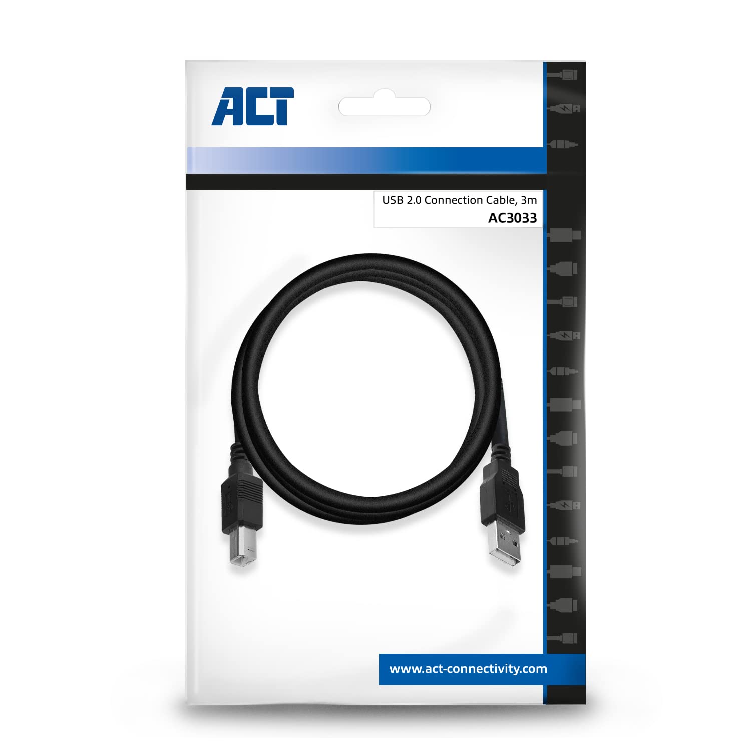 ACT AC3033 Câble USB pour imprimante, scanner, appareil photo 3 m Type A mâle vers B mâle