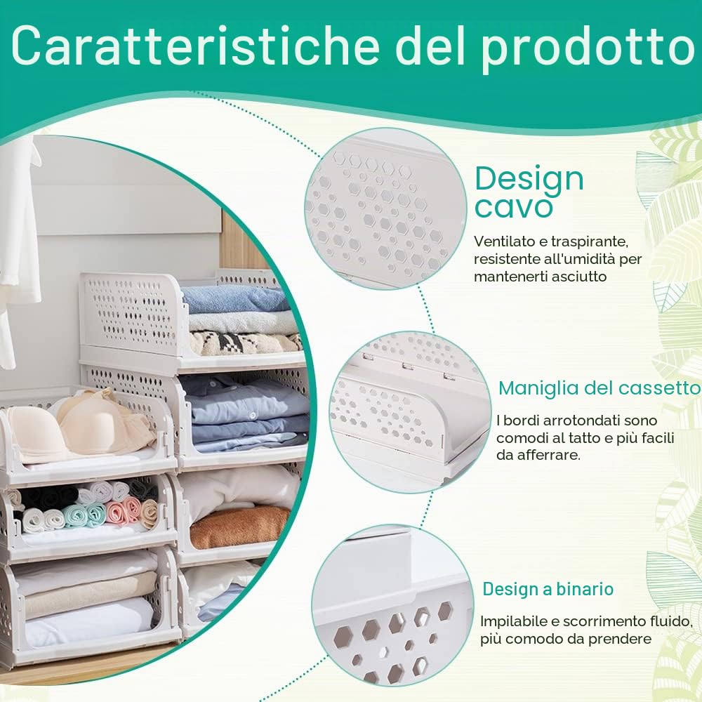 THATSRAD 3 Pezzi Scatole Pieghevoli per Guardaroba in Plastica Contenitori Impilabili per Armadio Organizzatori Impilabili per Guardaroba 43x33,5x14cm Adatti per Casa Camera da Letto Cucina, Bianco
