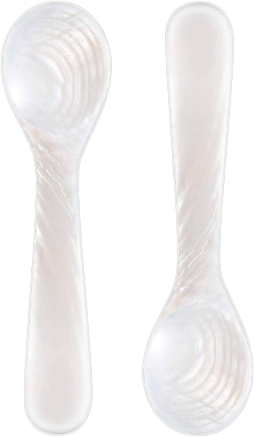 Set of Caviar Spoons Shell Spoon Mother of Pearl Caviar Spoons W Round Handle for Caviar, Egg, Ice Cream, Coffee, Restaurant Serving (2 Pieces,3.54 Inches)