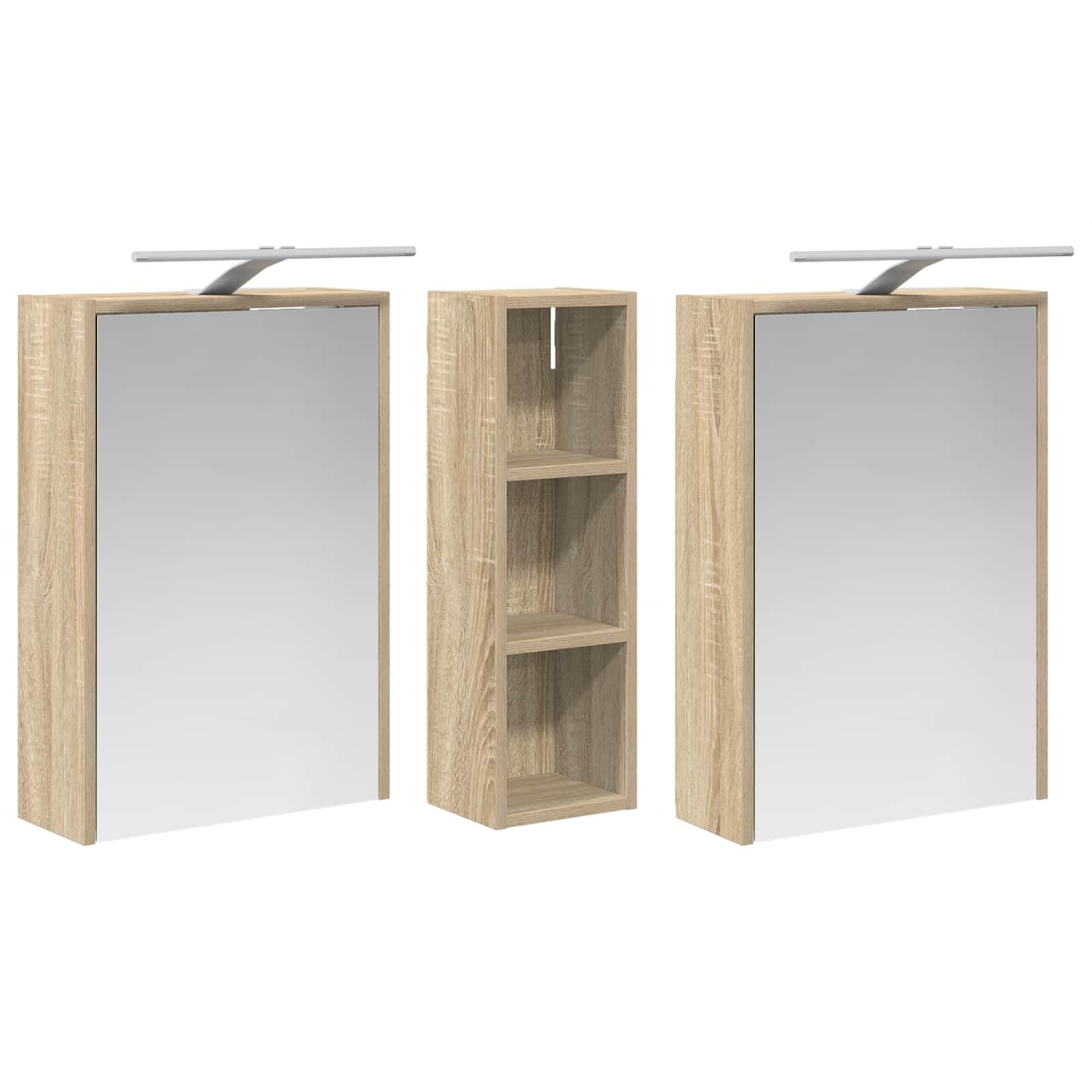 Lot de 3 armoires de salle de bain en bois 106 x 16 x 62,5 cm avec éclairage LED, montage mural, miroir bidirectionnel, espace de rangement, meubles de salle de bain pour invités WC et salle