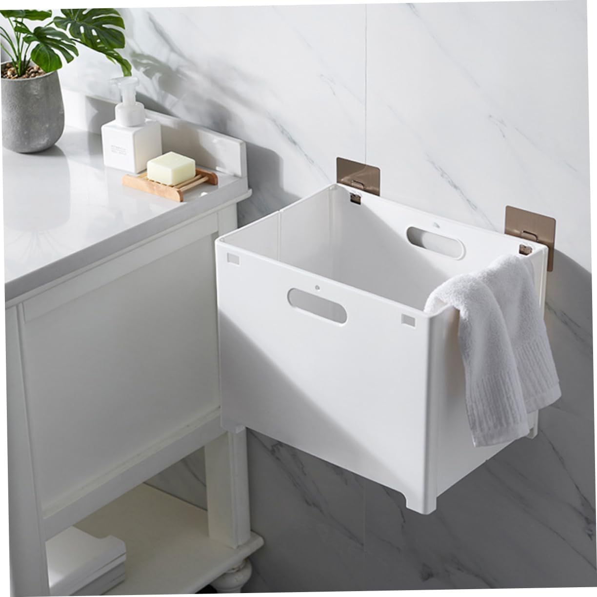 Alipis Wall-mounted Folding Plastic Laundry Basket Versatile Storage for Dirty Clothes Toys More Easy Installation with Hooks Large White Organizer for Home Use
