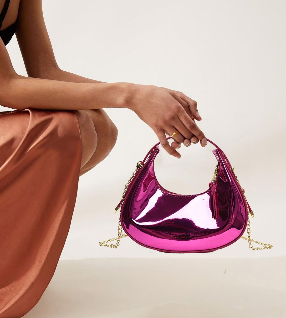 Cute Metallic Purses for Women Stylish Crescent Shoulder Bag Small Gold Crossbody Purse Patent Underarm Moon Bag