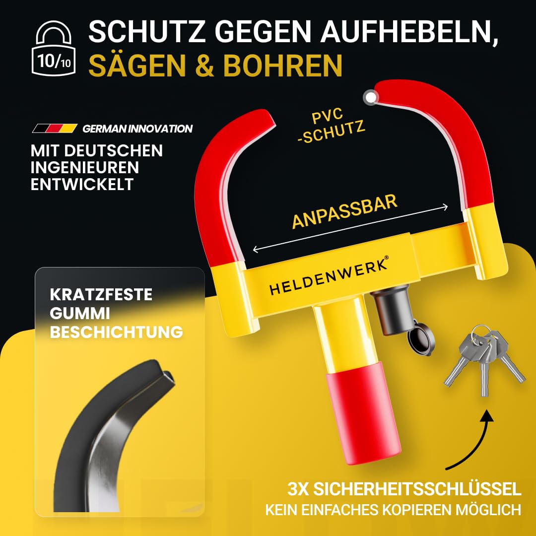 HELDENWERK® Parkkralle Radkralle mit Hochsicherheitsschloss & 3 Schlüsseln - für Anhänger, Wohnmobil, Wohnwagen, Auto - PKW Reifenkralle, Autokralle, Rad-Kralle für 18-30cm Reifenbreite (Gelb/Rot)