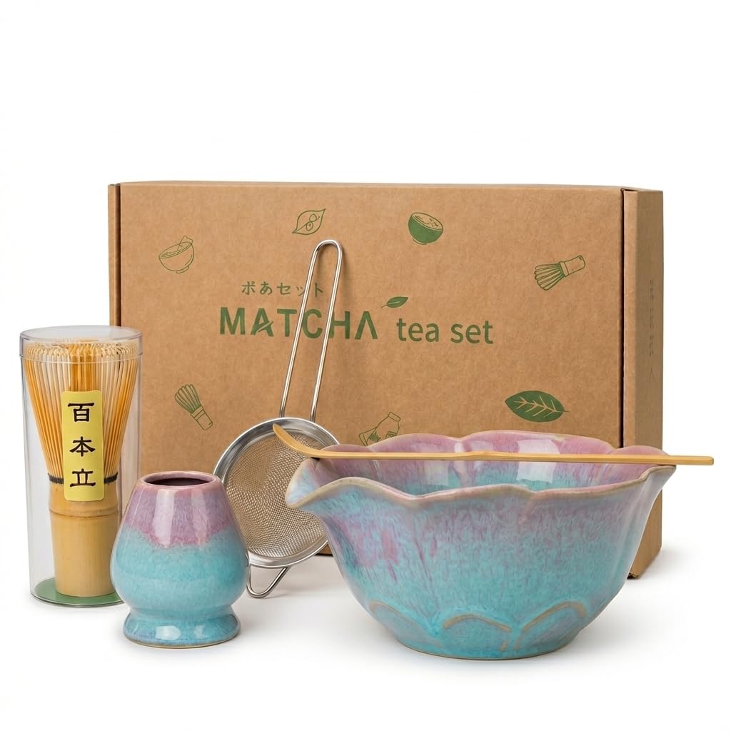 Lot de 5 bols à matcha avec bec verseur en forme de fleur bleu rose Chasen, fouet en bambou, support de chasa, cuillère en bambou, passoire, service à thé matcha japonais