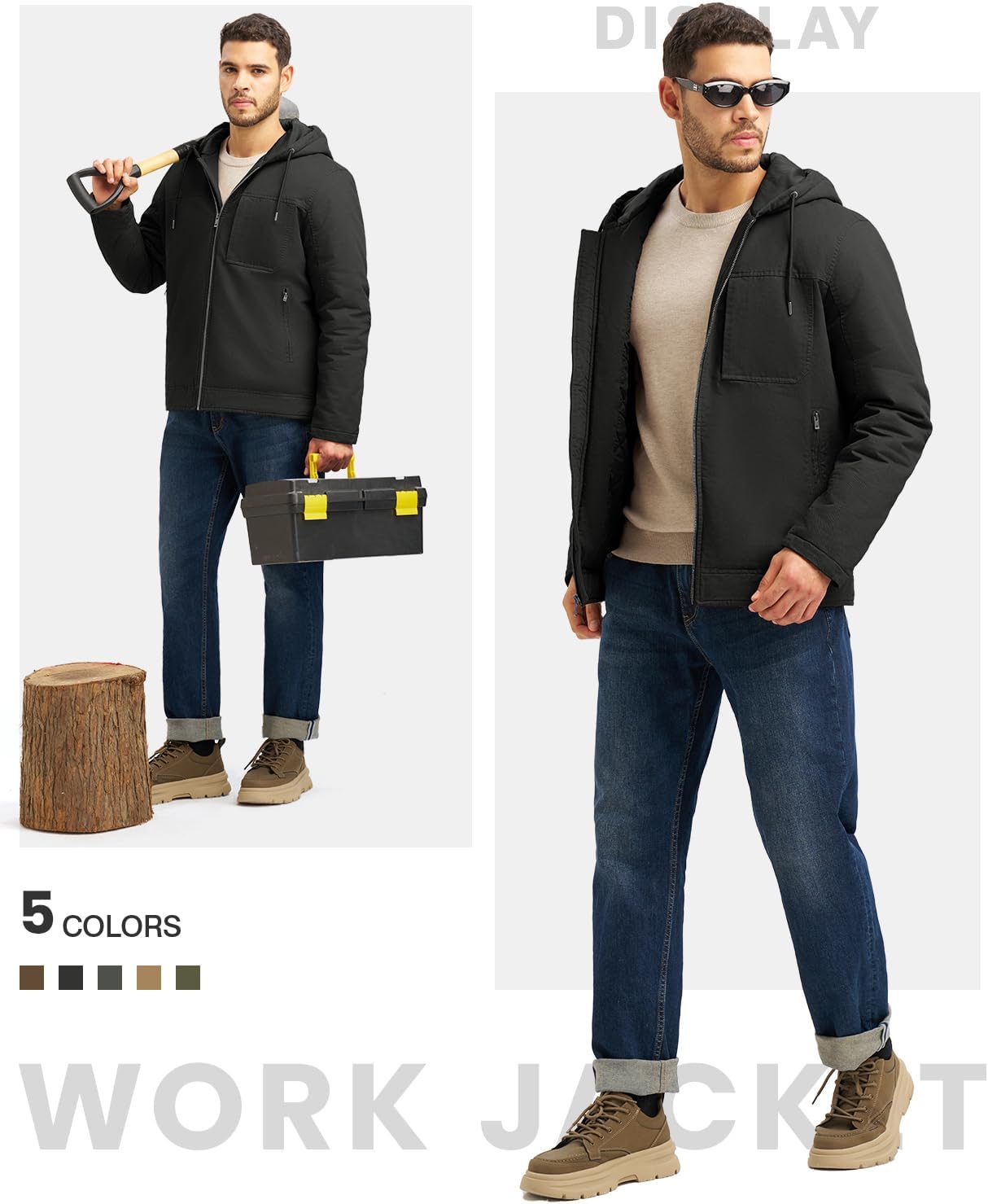 Rdruko Men's Winter Work Jackets Hooded Quilted Cotton Wram Coat Utility 4 Pockets Workwear - Image 6