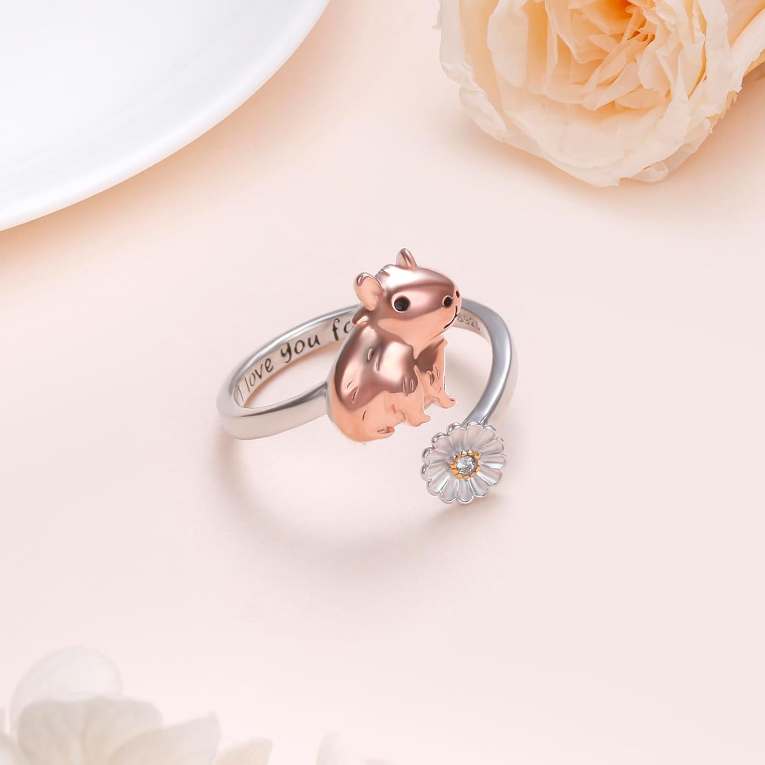 Capybara Ring 925 Sterling Silver Adjustable Cute Animal Open Rings with Daisy Capybara Jewelry Gift for Women - Image 4
