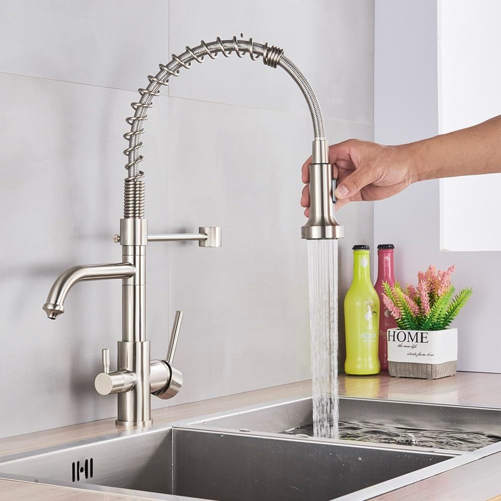 ブラッシュド浄化キッチン蛇口 360度回転浄水タップ 真鍮フィルタークレーンデュアルモード温水冷ミキサータップ、ブラッシュドゴールド