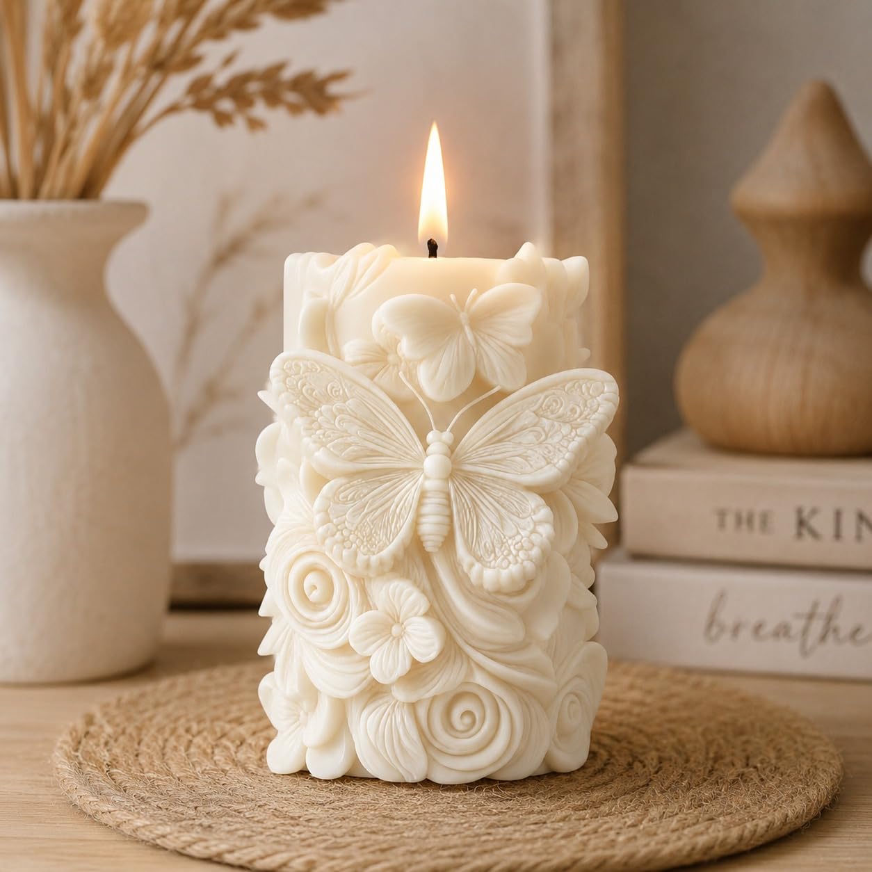 Shopiable Store Ivory Swirl Sculpted Pillar Candle | Handmade Soy Wax Candle with Vanilla Fragrance | Decorative Long Burning Aroma Candle for Home Decor, Bedroom & Gift (Butterfly Bloom)-image-30
