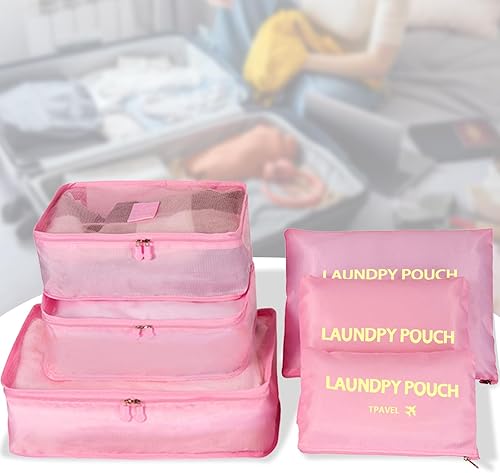 Juego de 6 cubos de equipaje organizadores de equipaje para accesorios de viaje, organizadores de maleta, artículos esenciales de viaje (rosa)