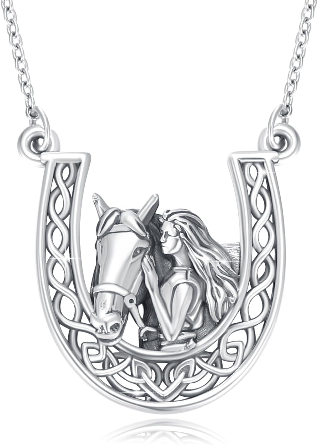 OHAYOO Horse Necklace 925 Sterling Silver Celtic Knot Horse Pendant Necklace Horseshoe Horse Jewelry Gift for Women