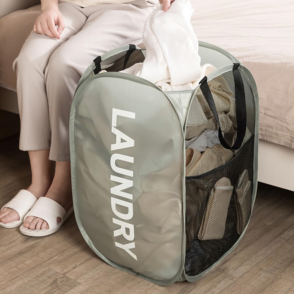 Larpur Pop-Up Wäschekorb Faltbar – Netz-Korb Grün, 35,6x61 Cm, Platzsparend Für Zuhause, Reisen & Wohnheim