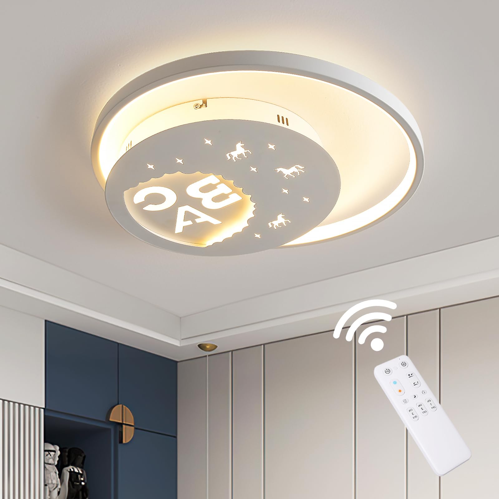 lampara techo infantil,diseño de alfabeto estrellado,40cm mando a distancia 3000–6000K Aplique Pared, regulable, plafón LED para niños, dormitorio y salón de niños