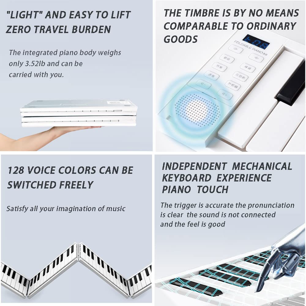 Pianoforte pieghevole a 88 tasti, tastiera portatile pieghevole, per collegare Bluetooth e cuffie, pedale sostenuto, batteria ricaricabile, tastiera elettronica portatile per principianti (bianco)