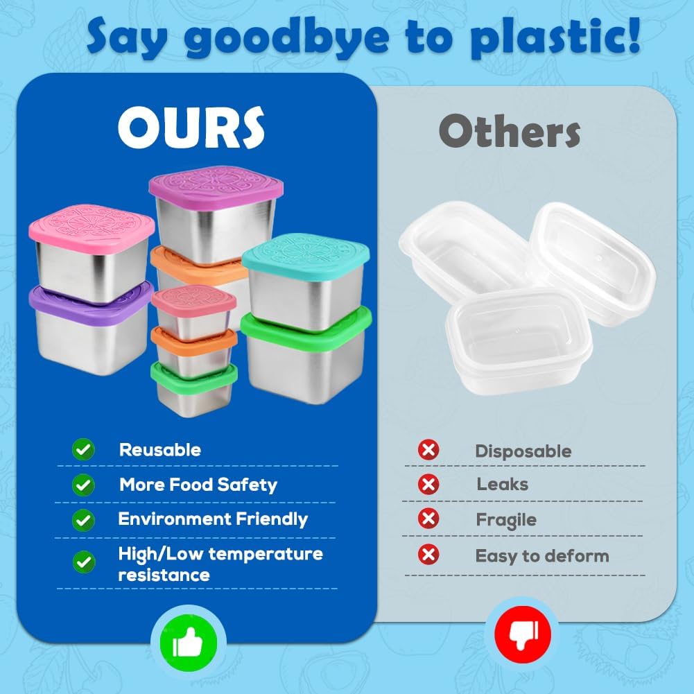 YQL 12-Pack 6oz Square Stainless Steel Snack Containers and 2oz Salad Dressing Containers, Reusable Food Storage with Colorful Silicone Lids for Travel, Meal Prep, Portion Control - Image 5