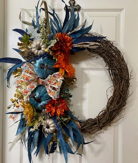 Blue Pumpkin Fall Grapevine Wreath, Pumpkin Fall Wreath