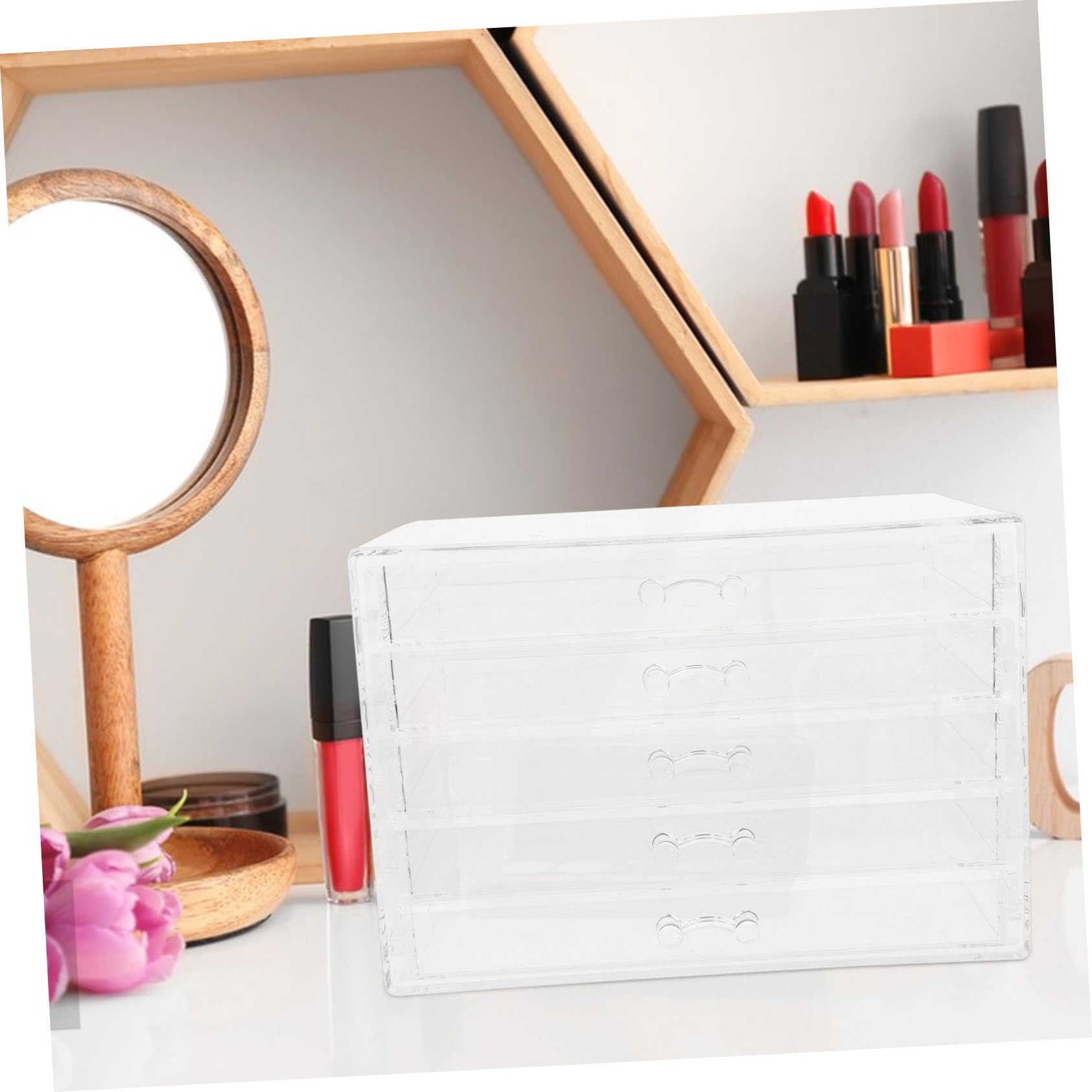 SOLUSTRE Organizador de Maquillaje con 5 Cajones Soporte para Cosméticos Transparente Diseño Compacto para Joyería y Lápices Labiales Organizador de Escritorio para Tocador