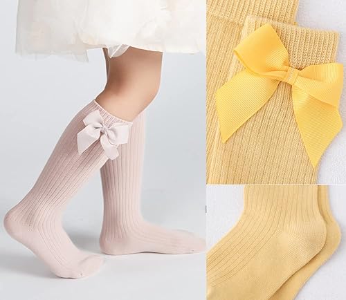 Miniatura 2 de Calcetines altos hasta la rodilla para niñas pequeñas lazos con lazo medias largas casuales y calcetines de vestir de algodón 6 colores