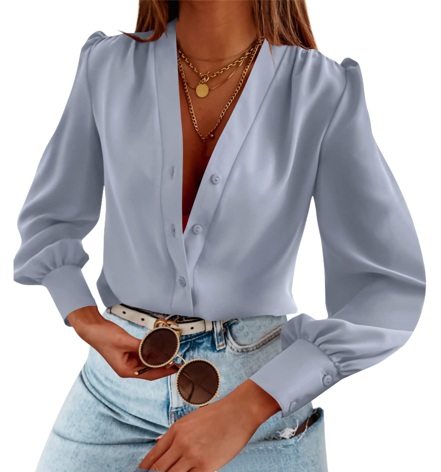 FlowyairWomen's Business Casual Tops Summer Long Sleeve Button Down Shirts V Neck Chiffon Blouses