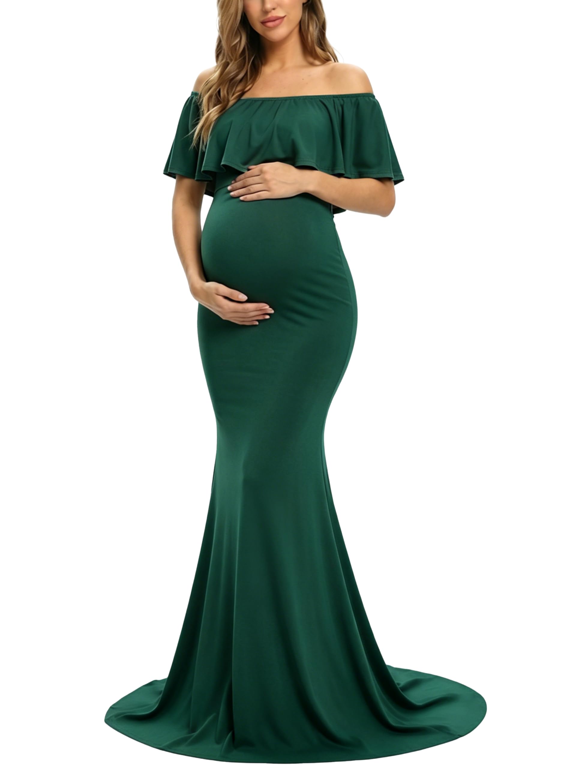 Glampunch Womens Off Shoulder Maternity Dress Ruffles Elegant Slim Gowns Fit Maxi Photography Dress - - Large
