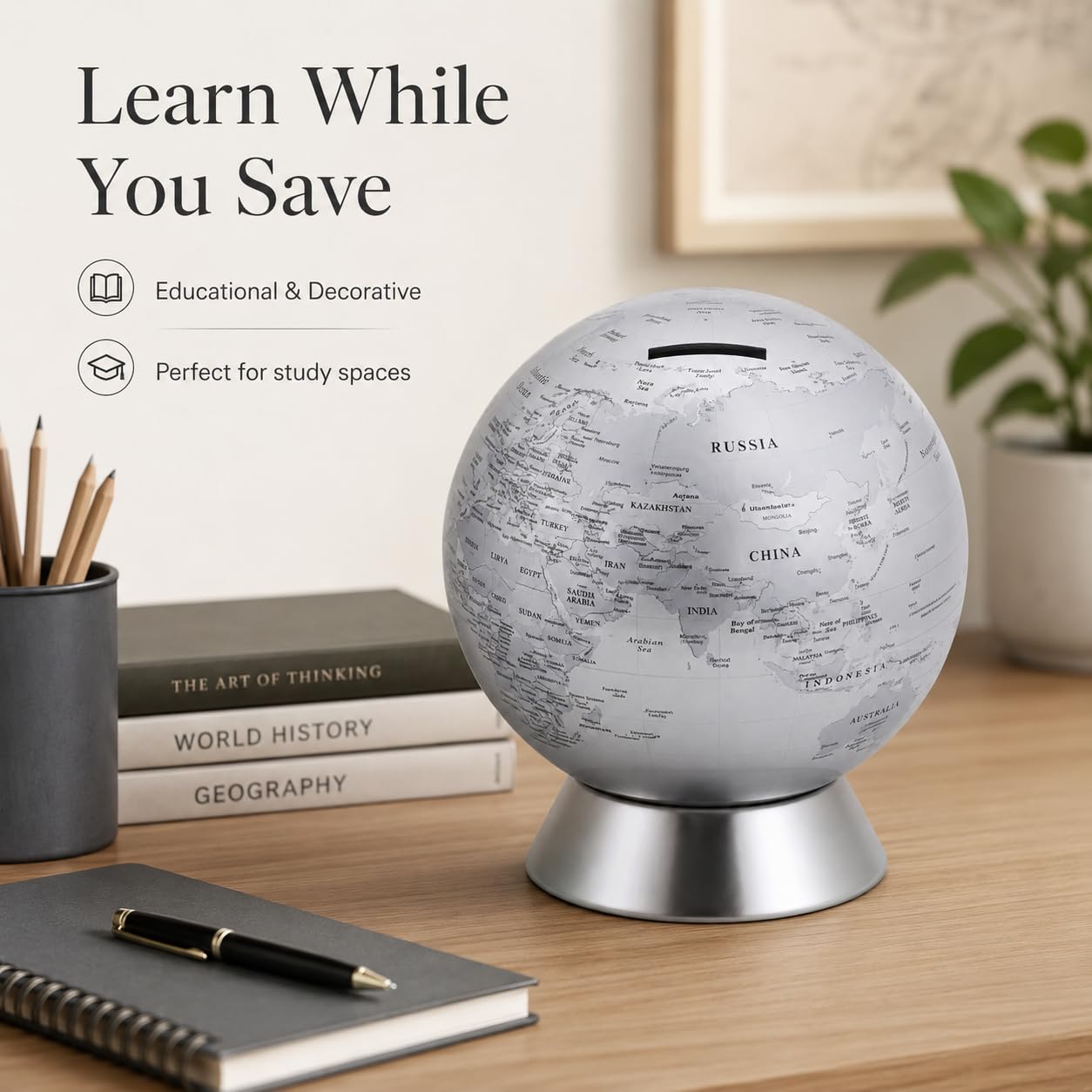 Exerz Salvadanaio Mappamondo/Globo terraqueo Diametro 16cm- mappa in inglese - dall'aspetto metallico contemporaneo - Argento