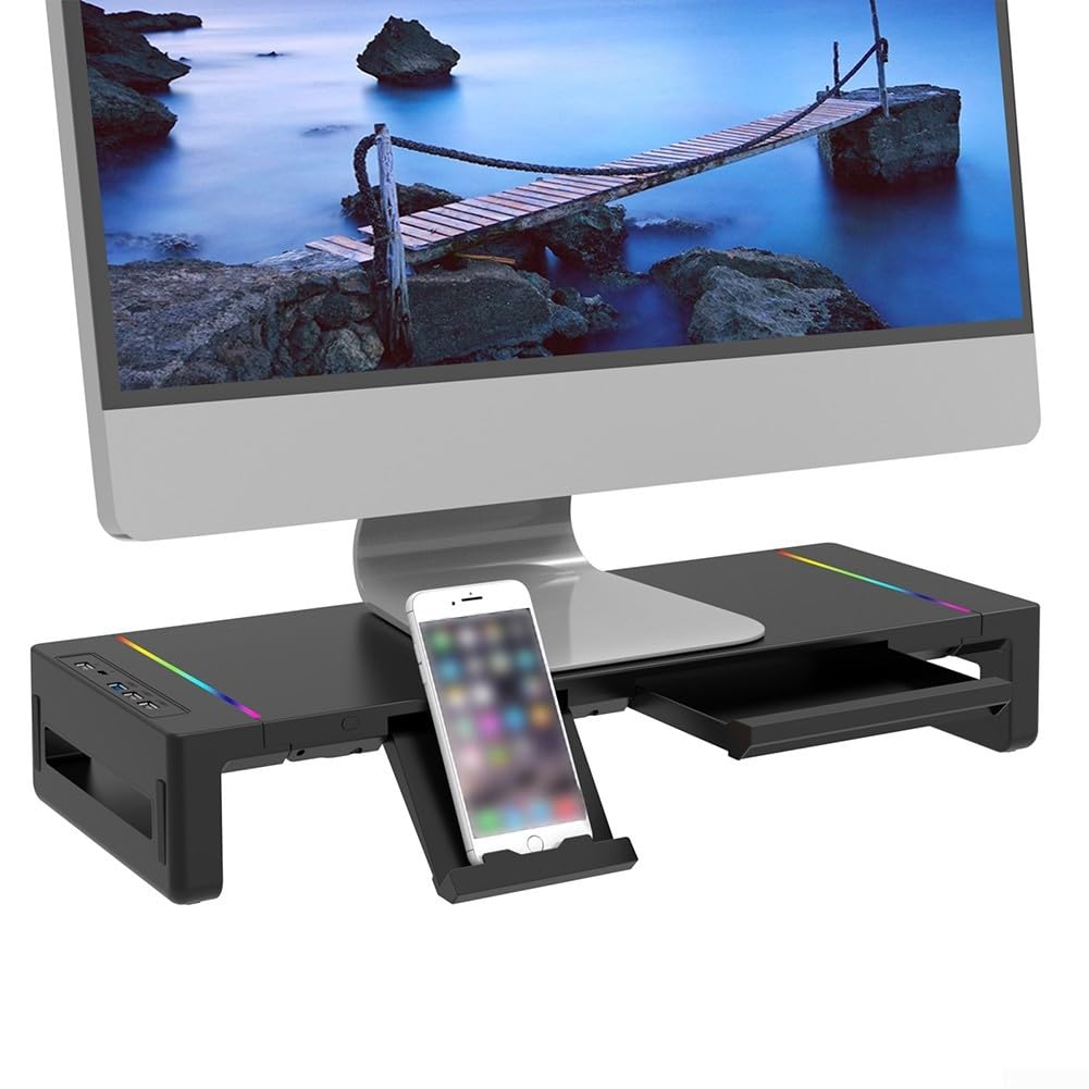 Oniissy Supporto multiuso per monitor con interfaccia USB 3.0, altezza regolabile, supporto per monitor regolabile in altezza, organizer da scrivania da gioco (nero)