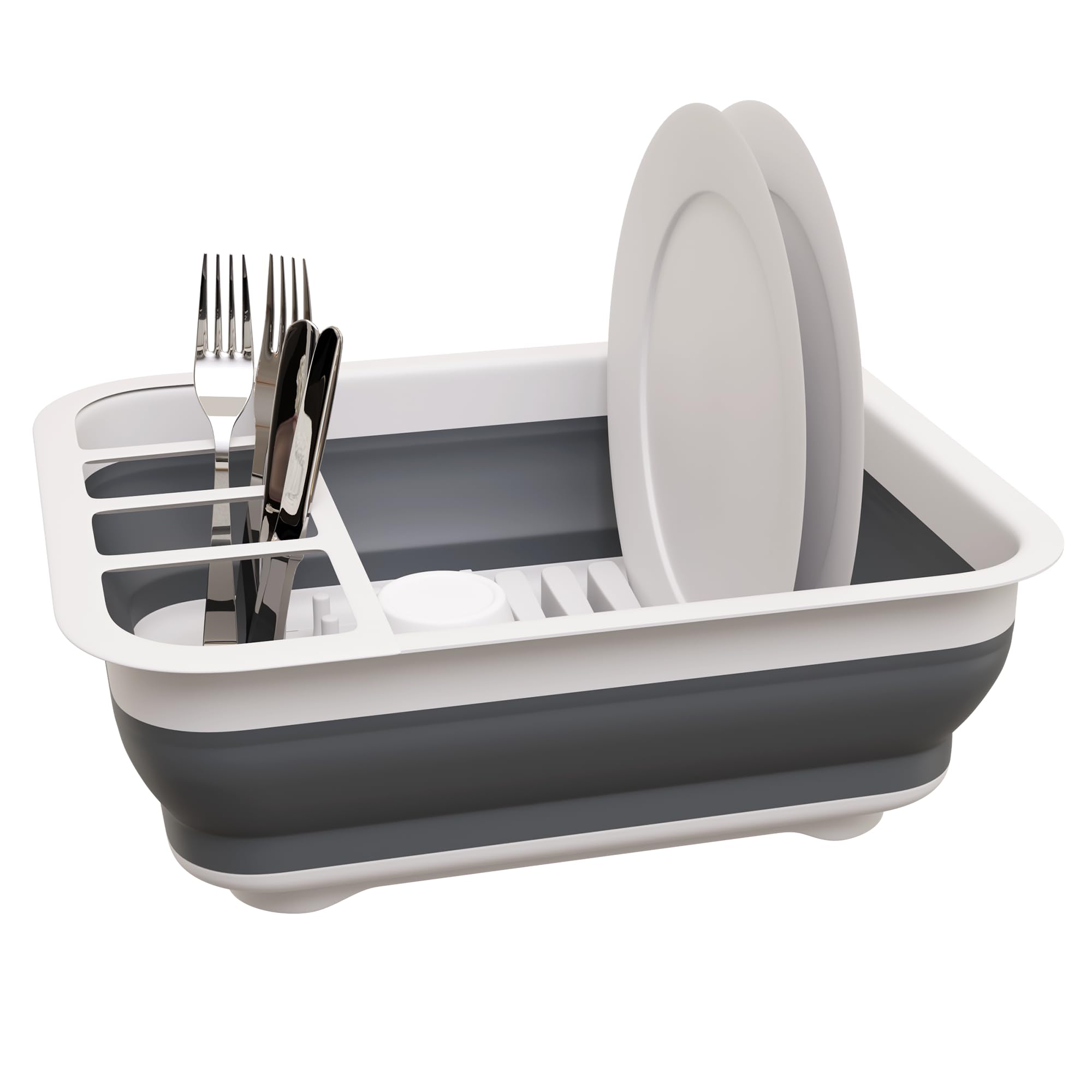 Knight Grey Collapsible Dish Drainer Rack – Foldable Dish Drying Rack With Cutlery Divider, Compact Kitchen Storage Dish Rack For Plates, Cups & Bowls, Space Saving For Home, Camping & Caravans (Grey)