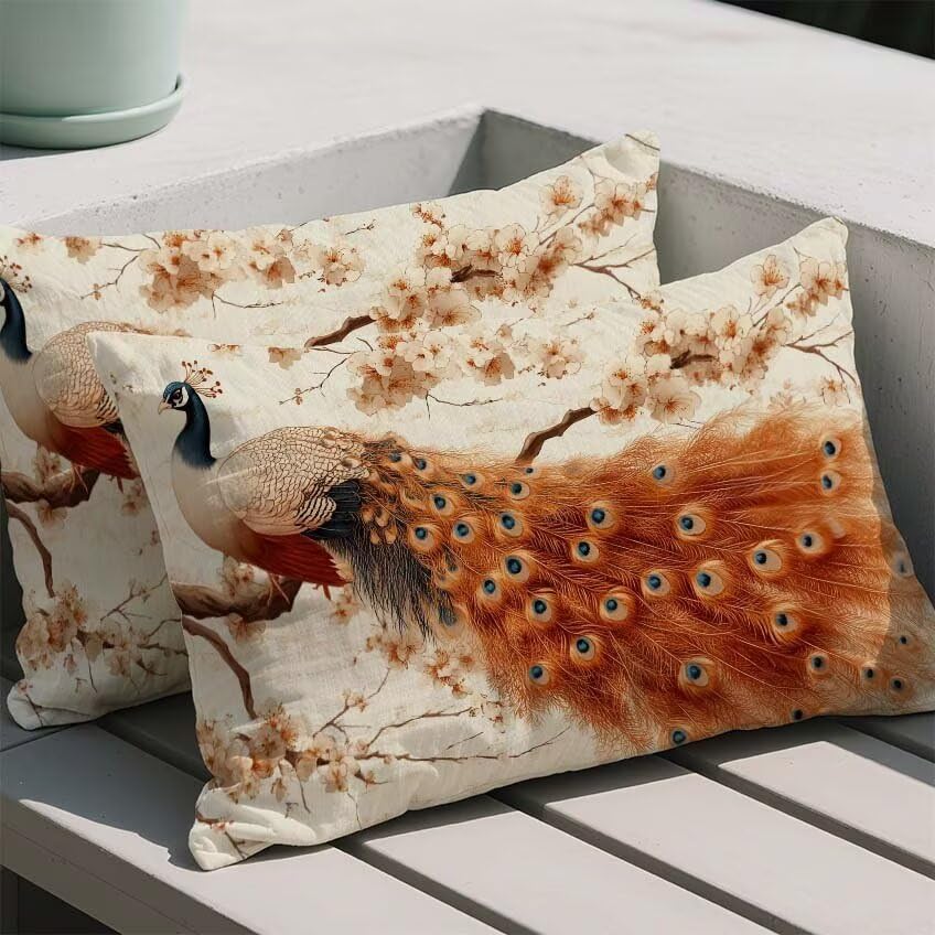 Housse de coussin 70x90cm en lin imperméable orange brûlée au motif paon élégant