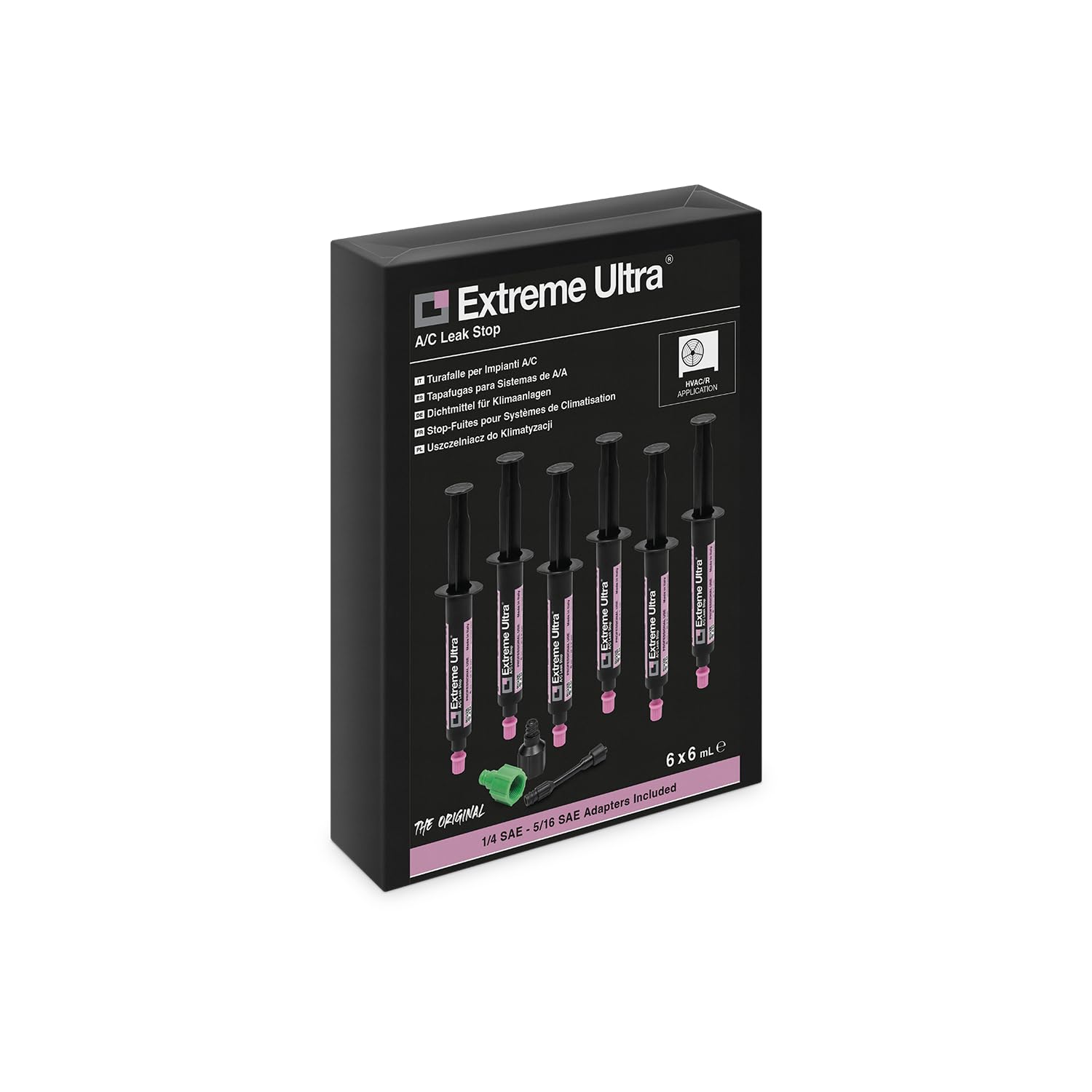 ERRECOM Extreme Ultra - 6 x 6 ml, Stop-Fuites pour Systèmes de Climatisation et Réfrigération, contient adaptateurs 1/4 SAE et 5/16 SAE (R410a, R32)