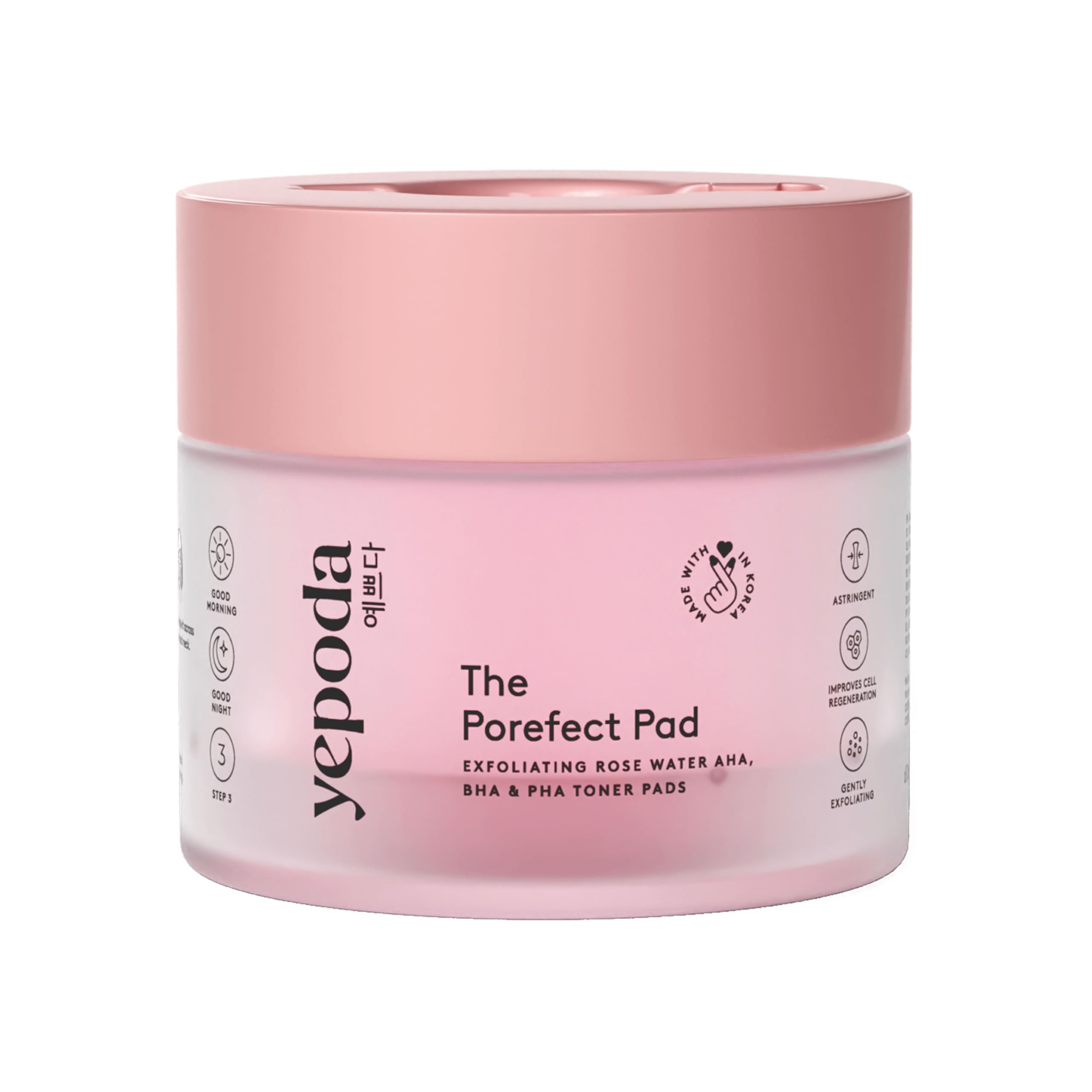 Yepoda The Porefect Pad: dischetti esfolianti con acqua di rose, AHA, BHA, PHA. Esfoliazione delicata, pori affinati. Vegani e testati per tutti i tipi di pelle, 60 pz / 120 ml.